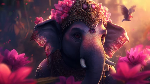 Decorated elephant portrait with lotus flowers and soft light