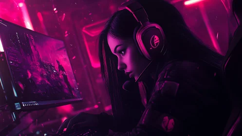 Neon-lit cyber gamer at widescreen rig, magenta backlighting