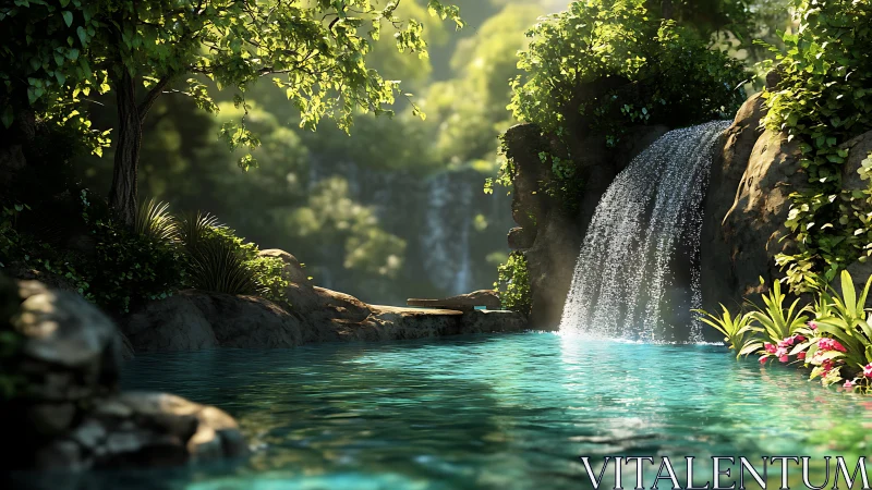 Lush tropical waterfall pool with dappled cinematic lighting.