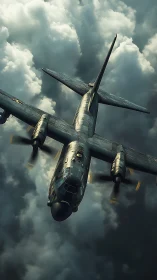 Military cargo aircraft dives through stormy cloud corridor