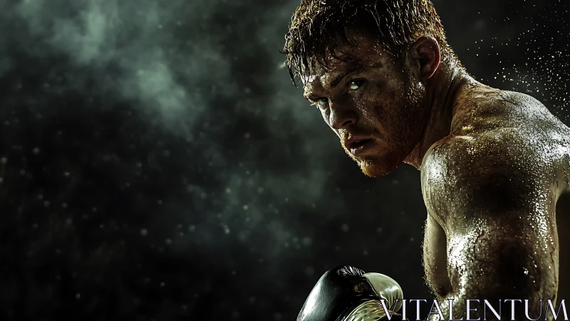 Gritty Combat Portrait: Perspiring Boxer in Low-Key Dramatic Lighting.