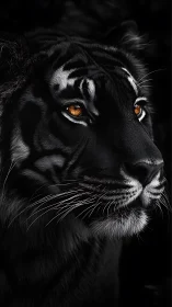 Black tiger portrait with glowing amber eyes in shadowed profile.
