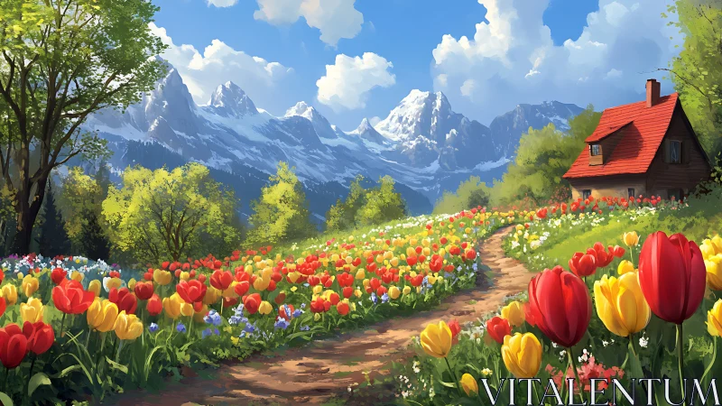 Tulips lead a sunlit path toward the quiet crimson-roof refuge