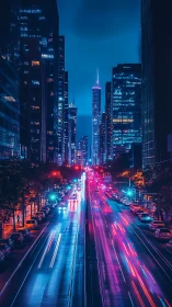 Neon city avenue glowing with lively night traffic and light trails.