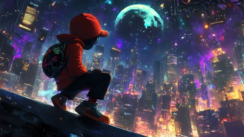 Young dreamer gazes over neon city beneath a glowing moon