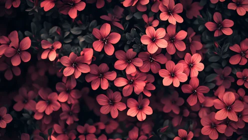 Coral pink flowers clustered densely against dark green foliage background