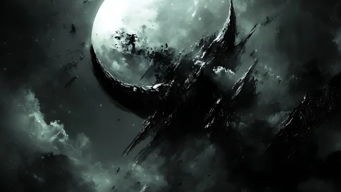 Monochrome celestial scene with fractured dark structures