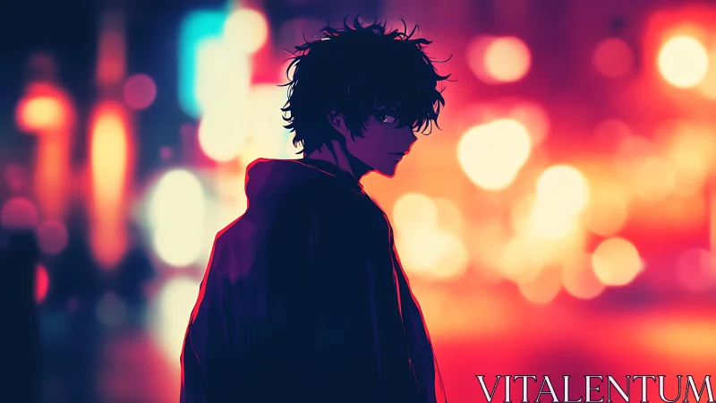 Solitary anime figure walks through neon city haze at night.