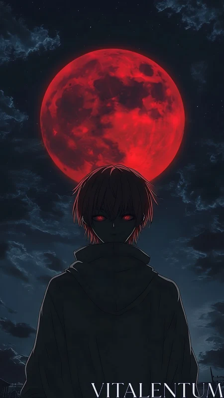 Red moon looms above hooded anime silhouette at night.