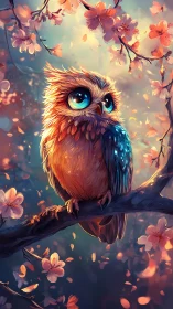 Owlet with starlit eyes dreams quietly in the cherry dusk