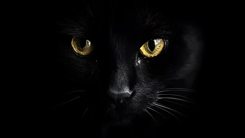 Black cat face against dark background with luminous amber eyes.