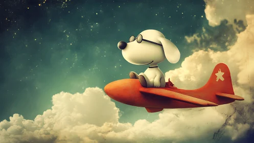 Cartoon dog pilot flying red plane through dreamy sky.