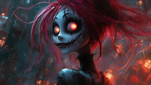 Ghost-eyed ragdoll grins through neon dusk and digital smoke