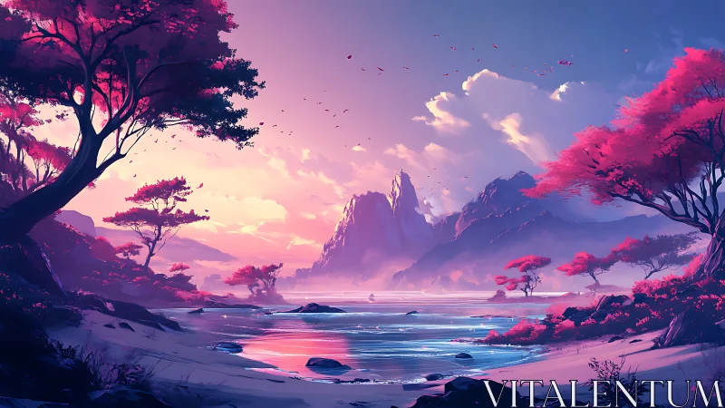 Digitally rendered coastal landscape shows stylized pink trees