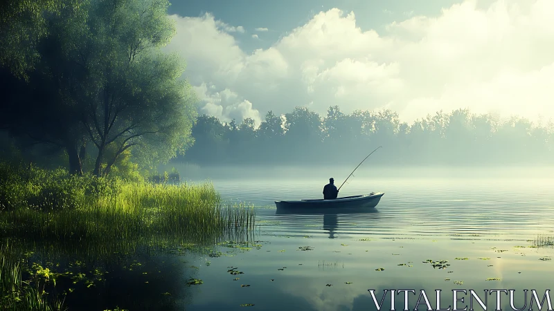 Solitary figure fishes from small boat on misty reflective lake