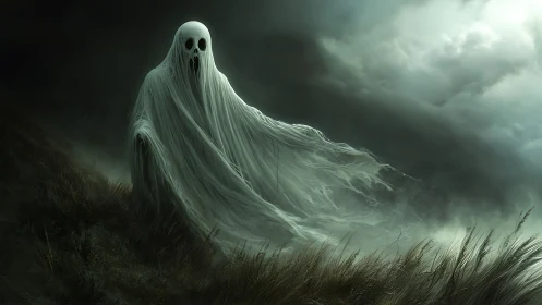 Ethereal spectral figure drifts across stormy hillside terrain