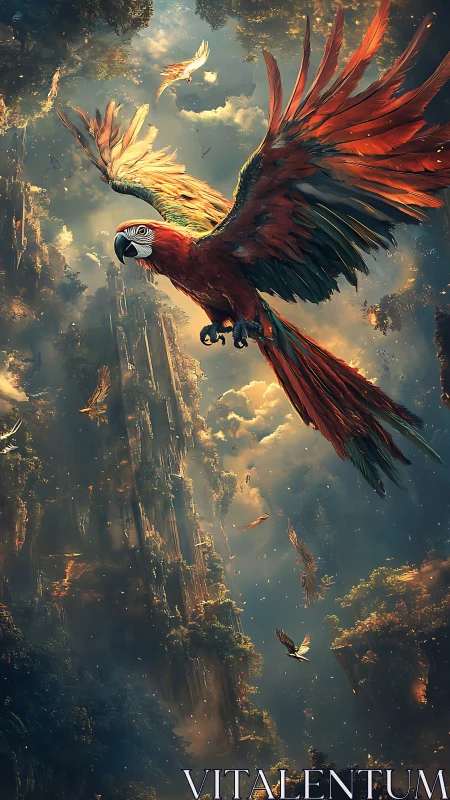Digital macaw flock crosses vertical forest canyon space