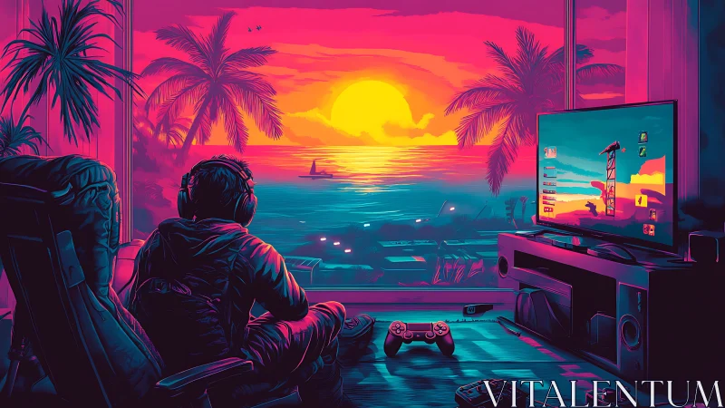 Neon gamer lounge facing sunset coast through window.