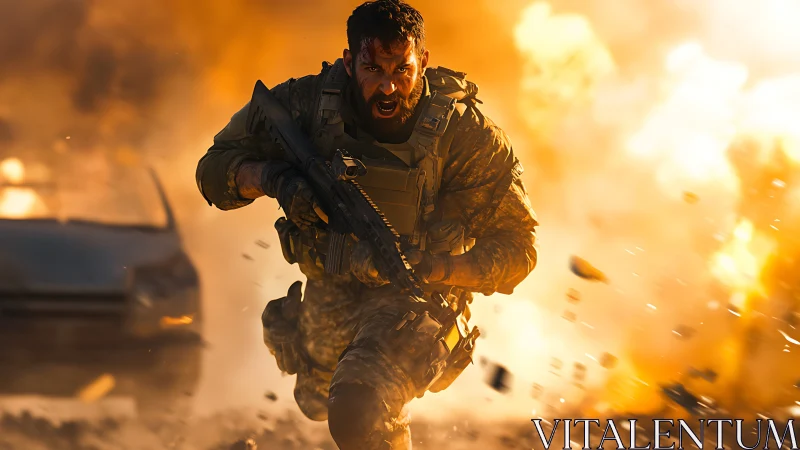 Battle-hardened soldier charges through blazing explosion.