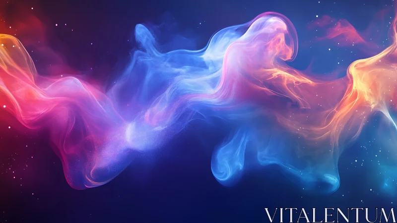 Colorful nebula-like light trails flow across dark space