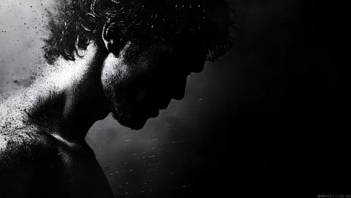 Shadow-dusted profile bends into a storm of drifting light