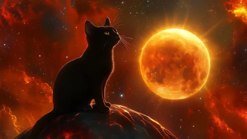 Black Cat Gazing at Fiery Sun in Cosmic Realm.