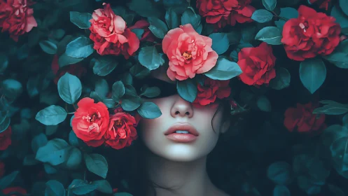 Woman concealed by crimson roses and teal foliage.