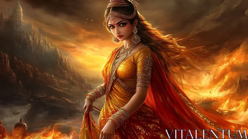 Warrior queen strides through inferno in vivid digital realism