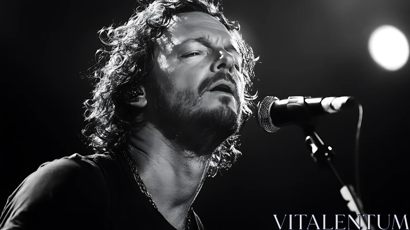 Male vocalist performs into microphone under concert lighting