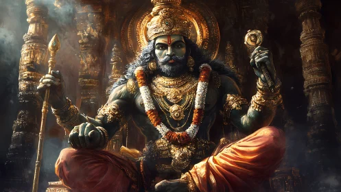 Divine warrior deity seated in ornate golden temple throne