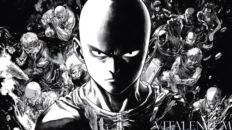 Bald central fighter leading multiple figures in monochrome field.