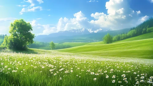 Sunlit daisies ripple across emerald hills toward distant peaks