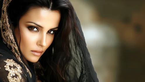 Woman in ornate black veil with focused, direct gaze.
