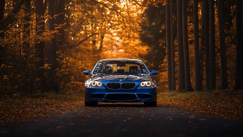 Blue performance sedan in telephoto autumn forest corridor.