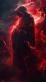 Hooded fire wraith emerges from swirling crimson inferno