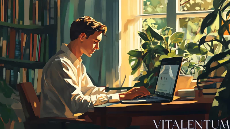 Sunlit workspace shows focused man typing on laptop amid dense plants