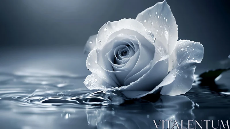 Silver dawn rose drifting on mirror-still water.