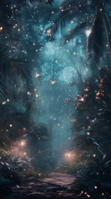 Mystic bioluminescent jungle path in cinematic digital painting.