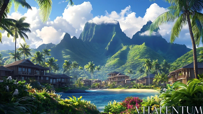 Tropical Coastal Settlement with Dramatic Basalt Peaks Overlooking Lagoon Environment
