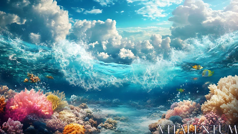 Coral daydreams beneath rolling waves and towering clouds.