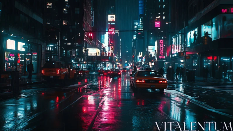 Neon taxis glide through a rain-soaked cyberpunk night street