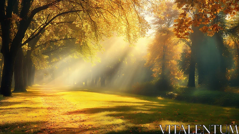 Golden forest path glows under soft morning sunlight beams.