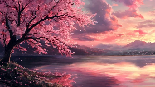 Sunset-lit cherry blossom shoreline rendering with reflective lake