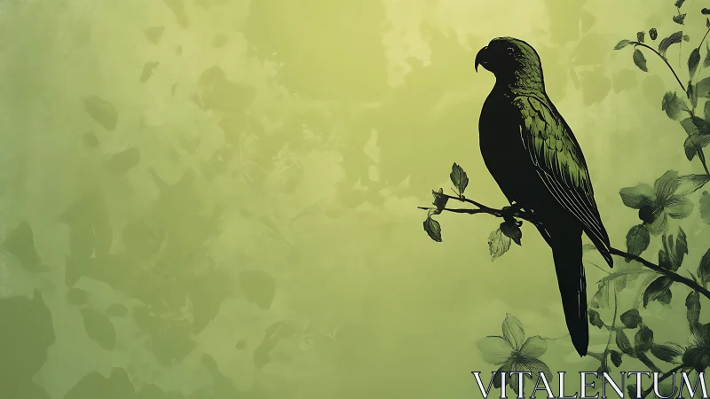 Silhouette of Parrot on Branch in Green Watercolor Nature Art.
