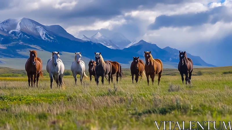 Wild horses stride across alpine meadow under storm light.
