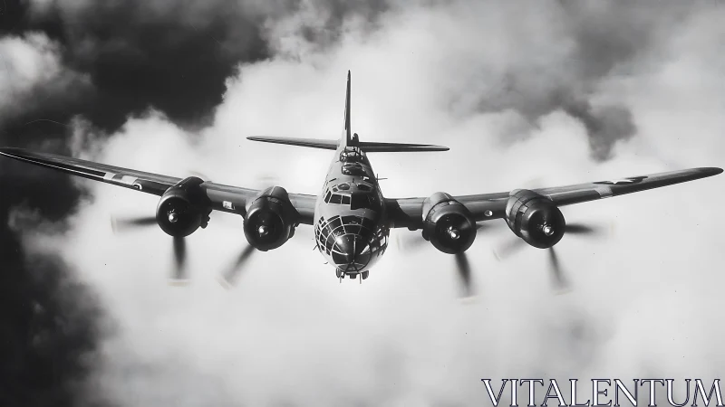 Vintage bomber gliding boldly through dramatic storm clouds.