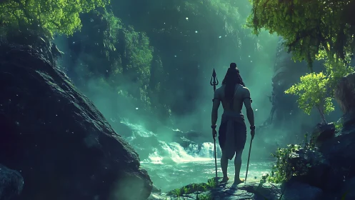 Divine warrior silhouette facing emerald misted waterfall.