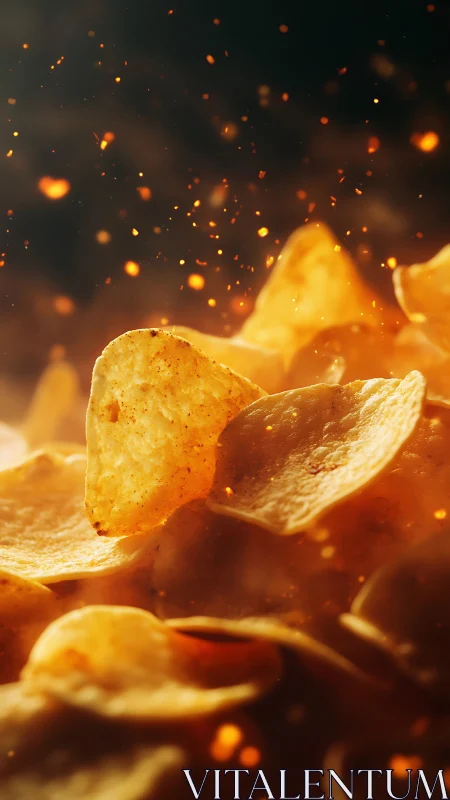 Spiced potato chips glow amid fiery crumbs in warm light.