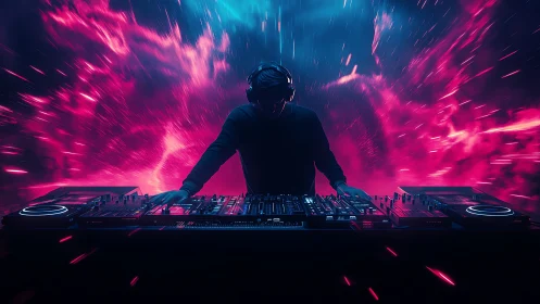 DJ silhouette at controller desk amid neon light field.