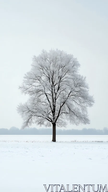 Solitary frost-laden tree dominates silent winter field.